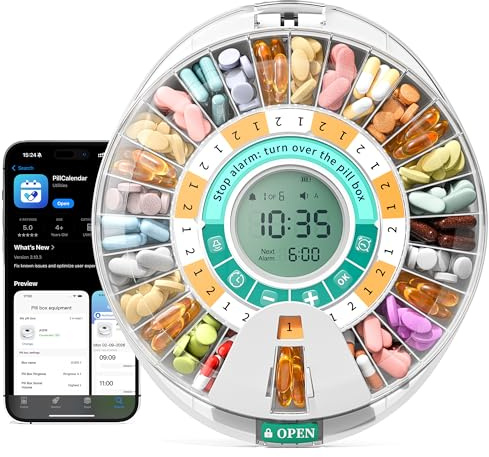 Betife Automatic Pill Dispenser,28-Day Smart Bluetooth Pill Box, App Support Automatic Pill Case with 6 Alarms & Light Reminder, Monthly Timer Dispenser,Electronic Medication Management for Seniors