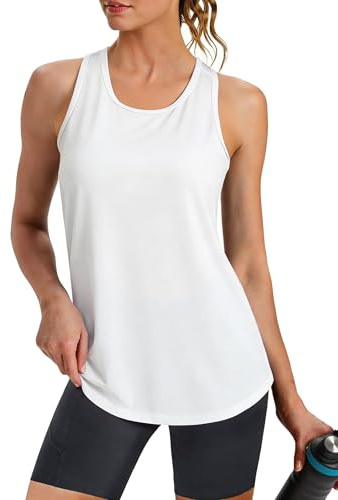 Crewhpo Workout Tank Tops for Women Mesh Back Sleeveless Gym Sports Vest | Quick Dry, Moisture Wicking, Breathable, Curved Hem, Lightweight Stretch, Fitness, Training, Running, Jogging, Hiking