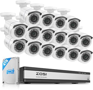 ZOSI Kit Cámaras de Vigilancia 16x 2MP Cámara Seguridad Exterior Interior con 1080p H.265+ CCTV Grabador DVR y 4TB Disco Duro, Visión Nocturna, Alarma de Movimiento