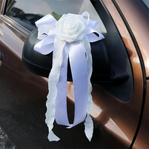 PureBowlic Konstgjord sidenblomma rosett bildekoration bröllop band set för falska rosor och blad för backspegel dörrhandtag fest semester dekor återanvändbart mjukt PE-material (2 st vit)