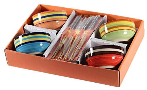 lachineuse – Juego de 4 cuencos de colores – Tazones de arroz, desayuno y sopa – Vajilla de porcelana naranja, amarillo, azul, rojo – 4 pares de palillos – Cuenco asiático – Regalo de vajilla Asia