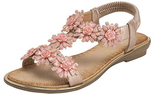VIVASHOES Womens Floral Summer Holiday Diamante Elasticated Open Toe Wedge Sandals - Rose Gold - UK4/EU37 - KL0417