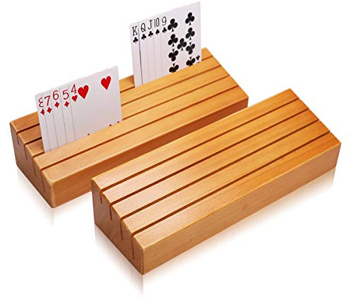 Exqline Wood Playing Card Holders Tray Racks Organizer Set of 2 for Kids Seniors Adults - 9.84In 3.1Inch Latest Version Portable Enough for Bridge Canasta UNO Card Playing