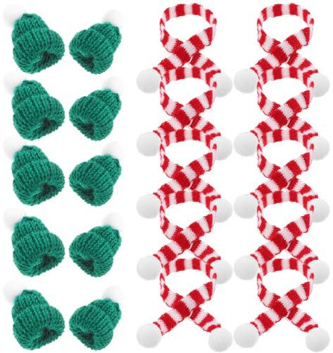 Amosfun 20-teiliges Set Mini Weihnachtsmützen und Schals für Flaschen, Kreative Dekoration für Weihnachten, Sorgenpüppchen Zubehör, Festliche Wohnaccessoires