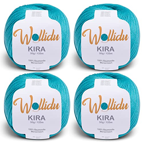 Wollidu Kira 4er-Set mercerisierte Baumwolle – 4×50 g feines Häkelgarn & Strickgarn, 100% Baumwolle, 125 m Lauflänge, uni Türkis