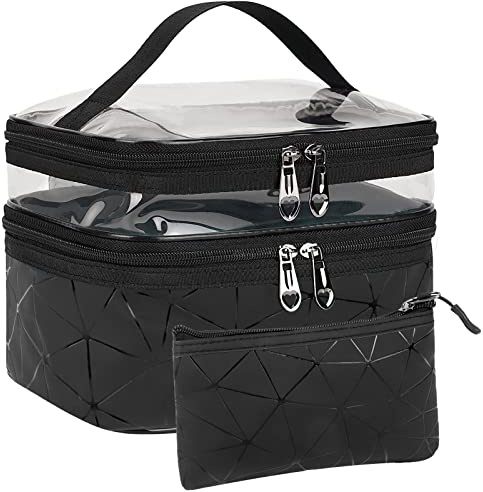 Large Capacity Travel Cosmetic Bag, 2Pcs Waterproof Double Layer Makeup Bags, Portable Toiletry Bag with Compartment for Men Women (Black)