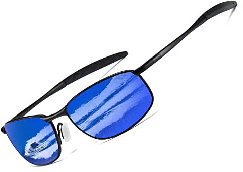 kimorn Polarizado Gafas de sol Hombre Retro Rectangulares metal Marco K0535 (Montura negra Espejo Lente Azul)