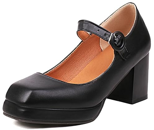 Scarpe Mary Jane da Donna con Tacco Largo, Pompe al Tallone Alto Square Toe Fibbia Vestito Pumps con Plateau Semplici Cxsssr Nero Numero 48 EU