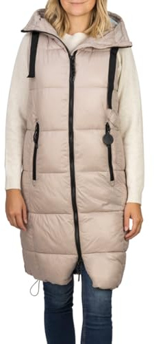 DENIMFY Chaleco acolchado largo con capucha para mujer, corte regular, DFCaro, chaleco largo hasta la rodilla, outdoor, con cremallera, bolsillos, otoño, invierno, beige, negro, verde, S, M, L, XL