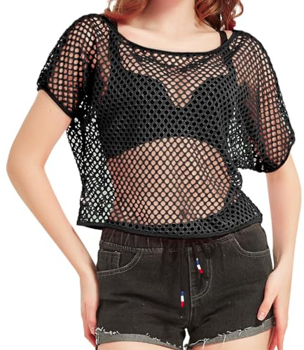 WILDPARTY Traje de los años 80 y 90 para mujer, camiseta de malla, camiseta sin mangas, guantes de malla, disfraz de los años 80, camiseta de malla para mujer, ropa para fiestas temáticas