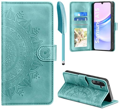 EASDNB Lederhülle für Samsung Galaxy A15 5G/4G Hülle, Handyhülle für Galaxy A15 5G Flip Wallet PU Leder Case [Kartenfach] [Magnet] [Ständer] Klapphülle Schutzhülle für Samsung A15 5G/4G, Grün