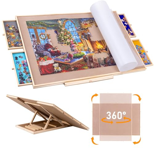 Sancallie Planche de puzzle inclinable en bois avec tiroirs, chevalet antidérapant en daim, accessoire de table pour jusqu'à 1 500 pièces avec 4 plateaux de tri, 91,4 x 63,5 cm