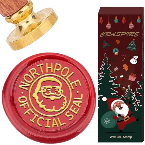 CRASPIRE Jultomten vax försegling stämpel nordpol officiell sigill vax stämpel jul jul vintage 25 mm avtagbart mässingshuvud med rosenträhandtag för kuvert inbjudningar kort scrapbooking