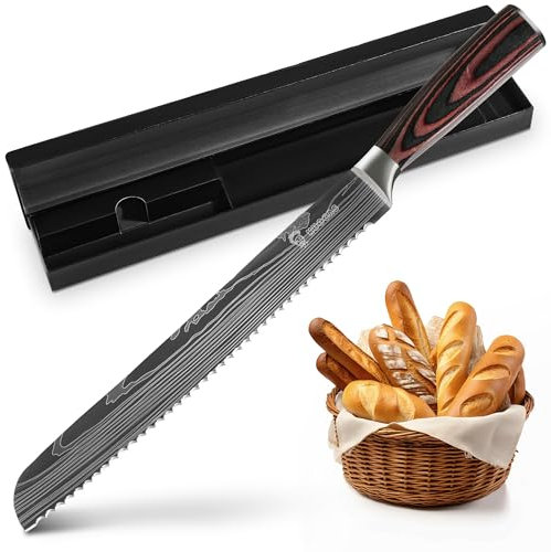 KUOGAS Couteau à pain avec bord dentelé 26 cm en acier inoxydable de haute qualité, lame de couteau extra tranchante avec manche ergonomique en bois Pakka (Coltello Da Pane 26 CM)