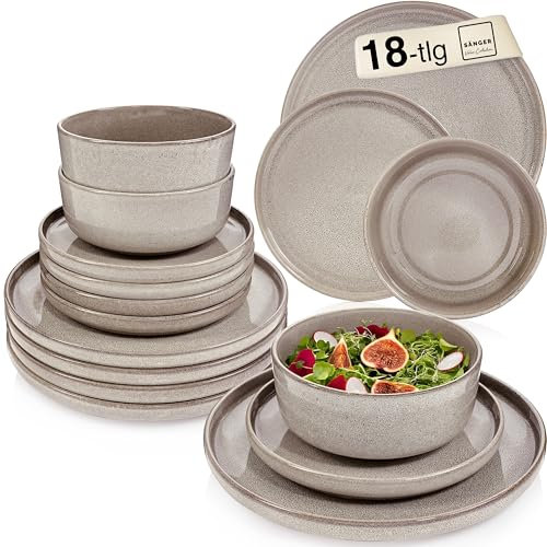 SÄNGER Kairo Clay, servizio da tavola da 18 pezzi, set di stoviglie in gres porcellanato, 6 piatti piani, 6 piatti da dessert, 6 ciotole e ciotole grigio, set di piatti profondi | Value Collection