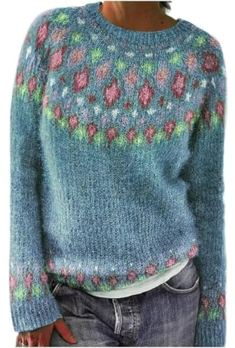 YONGLSP Norwegian Sweater Women, Women's Knitted Print Retro Sweater Crewneck Long Sleeve, Autumn and Winter Casual Loose Knit Jacquard Sweater (Blue Diamond,L)