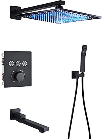 Juego combinado de ducha termostático negro mate, juego de grifo de ducha de baño montado en la pared con cabezal de ducha LED, ducha de mano, caño giratorio para bañera, 16 pulgadas, cabezales de