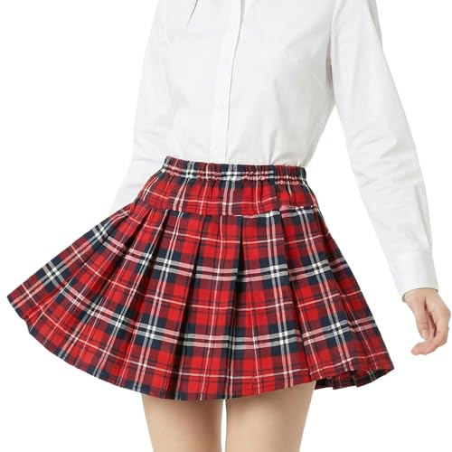 Sahunfri Women Red Tartan Mini Skirt Comfortable and Stylish Pleated Skirts Anti-Sheer Elastic Waist Design Short Skirts