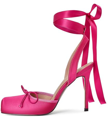 Vertundy Women's Satin Ballet Heels Lace Up Square Toe Stiletto High Bow Ballerina Heels, Pink, 5.5 UK