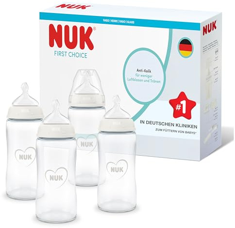 NUK First Choice Baby Bottles | 3+ Months | 240ml | Anti Colic Feeding Bottle | Glass | Temperature Control Indicator | Rainbow | 4 Count