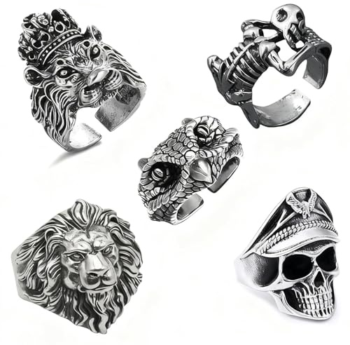 LIUYIDM 5 Pièces Bagues CrâNe Homm, Réglables Bague Tete de Mort, Acier Inoxydable Rock Skull Anneaux, Style Rétro Gothique Crâne Bijoux, pour Homme Fête à Thème D'Halloween（A