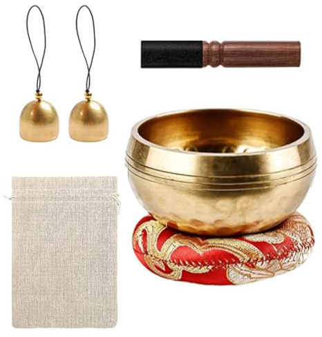 Tibetan Singing Bowl Set - Handmade Singing Bowls, Sound Bowl with Wooden Mallet, Cushion & 2 Bells for Meditation, Yoga, Chakra Healing, Gifts for Women Men