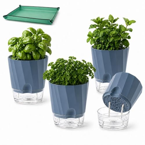 Feung gou 4er Set Selbstbewässernder Kräutertopf Blumentopf – 15.3cm Doppelwandig PP-Kunststoff, Hochwertiger Kunststoff Pflanztopf für Innen Balkon Küche Fensterbank, mit Gartenmatte 66x66cm (Blau)