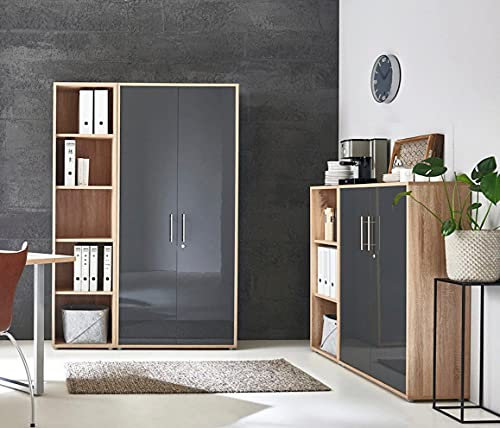 Schrankwand Office Edition abschliessbarer Aktenschrank Büroschrank Büromöbel Regal in Eiche Sonoma/Anthrazit Hochglanz (Set 4)