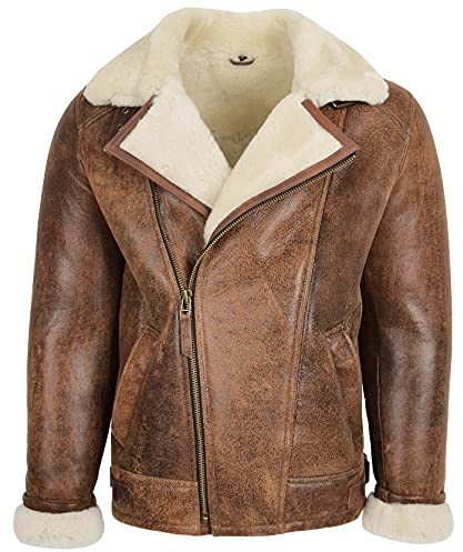 House Of Leather Mens Real Sheepskin Jacket Aviator Pilot Flying Style Cross Zip Blen (L, Antique Brown)