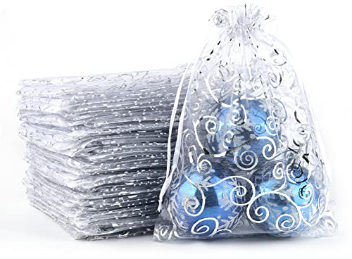 CLTPY 100 Stück Silber Organzasäckchen 15x20 cm Druck Schmuckbeutel Organzabeutel Geschenkbeutel Hochzeit Säckchen mit Kordelzug für Festival Geburtstag Party