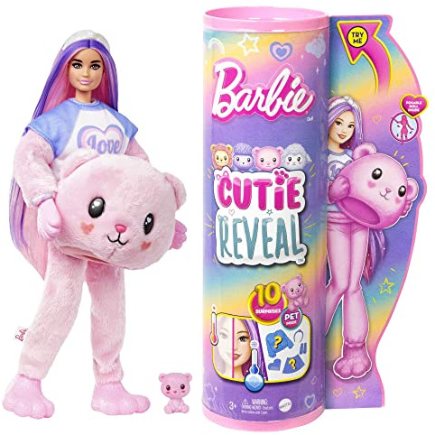 Barbie Cutie Reveal Puppe - Kuschelweiche Plüschverpackung mit 10 Überraschungen, bewegliche Puppe mit Zubehör, inklusive Mini-Teddybär und Tiermusterjacke, für Kinder ab 3 Jahren, HKR04
