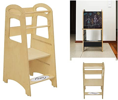 Skyline Steh und Lernturm Baby ab 1 Jahr Montessori Learning Tower Höhenverstellbar Tritthocker Kinder Indoor Möbel Kinderzimmer Trittschemel Kitchen Helper Hochstuhl mit Tafel Board (Natürlich)