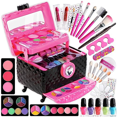 60Pcs Kid Makeup Kit for Girls 6-12, FunKidz Three Layers Folding Make Up Box Toy Set Child Beauty Cosmetic Kits for Little Girls Party Gifts