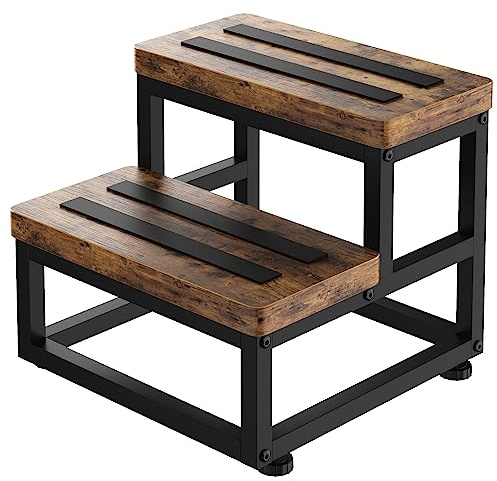 2 Step Wooden Step Stools for Adults Kids, Heavy Duty Stepping Stools Wooden Bed Step Stools for High Beds, Non-Slip 2 Bedside Foot Stool with 500 Lbs Capacity, Kitchen, Bed, RVS Step, Rustic Brown