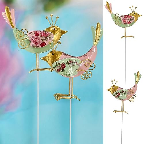 Cepewa Gartenstecker Vogel 2er Set │ bunt Gold Eisen H81cm │ 2 Motive Beetstecker (1 x 2er Set Gartenstecker Vogel 81cm)