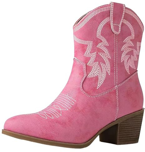 ANUFER Women's Mid Calf Cowboy Boots Embroidered Block Heel Side Zipper Western Shoes