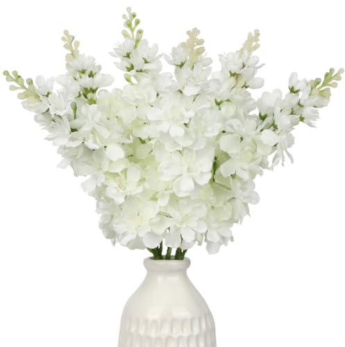 DILATATA White Delphinium Artificial Flowers, 6pcs Artificial Larkspur Flower 17.5'' Fake Delphinium Flowers Silk Flowers for Home Decor, DIY Floral Centerpieces for Tables