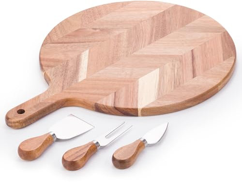 woodluv Herringbone Pattern Acacia Wood Cheese Board Set Pizza Cutting Board Cake Serving Board with Three Cheese Knives, Wooden Snack Canape Platter