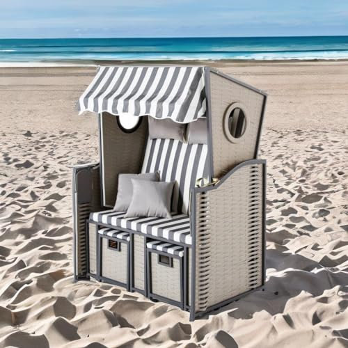 Wohnando Strandkorb 2 Sitzer Grau Anthrazit Weiß | Sonneninsel Outdoor Wetterfest inkl. 2 Klapptische und Kissen |Sonnliege mit Dach | Polyrattan Fußablage | Terrasse Balkon Garten | Ostsee Maritime