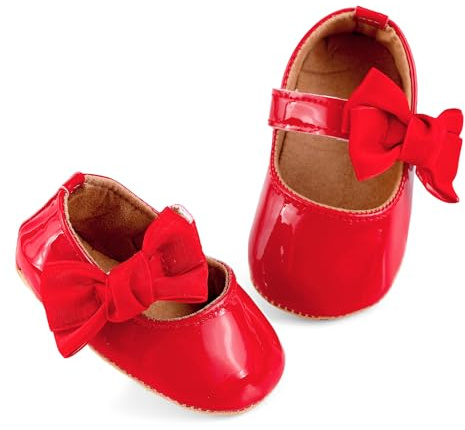 LACOFIA Baby Girls First Walking Shoes Infant Mary Jane Anti-Slip Bowknot Shoes Prewalkers Red 12-18 Months
