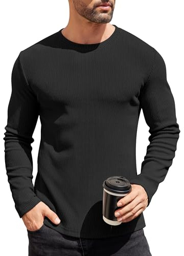COOFANDY Maglione da uomo con scollo rotondo, slim fit, casual, leggero, invernale, basic da uomo, a maglia fine, Nero , M