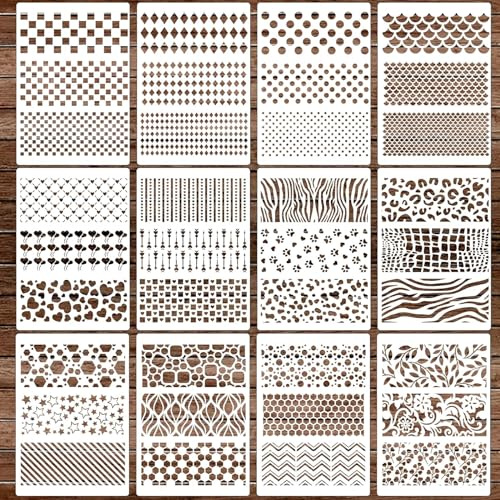 WOFEU 12Pieces Disegno pittura Stencils Set,A4 Stencil per l'artigianato riutilizzabile Template Stencil, plastica pittura Stencil per la pittura su legno
