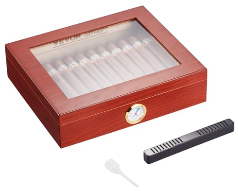 VEVOR Humidor de Puros de Madera de Cedro Español Hecha a Mano, Caja de Humidificador de Puros con Tapa de Cristal, Higrómetro y Divisor, 10-25 Puros, Gran Regalo para Hombres, 260 x 220 x 65 mm