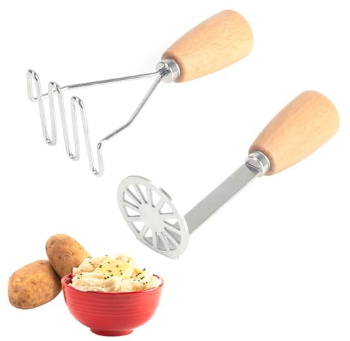 VirtuGro 2PCS Schiacciapatate Acciaio Inox Schiaccia Patate in Acciaio Inox Schiacciapatate Professionale Viene Fornito con un Comodo Manico in Legno per Purea di Patate Marmellata Verdura Frutta