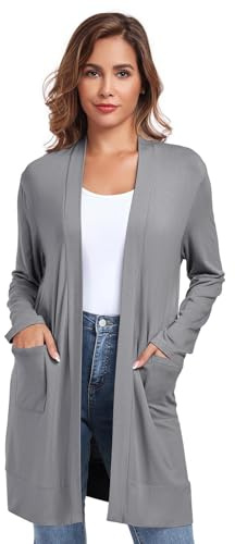 TownCat Cardigan Long Et Léger pour Femme Léger à Manches Longues Ouvert Casual Respirant La Mode Élégant en avec Poches Outwear Conforts Les Cent Gris foncé XXL