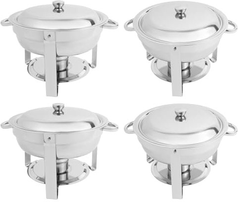 Tagtuell Set di 4 piatti rotondi Chafing Dish, scaldavivande professionali con coperchio, in acciaio inox da 4,5 l, per ristoranti, buffet (argento)