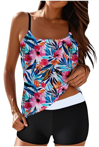 Tankini for Women with Shorts UK Sale Clearance,Two Piece Swimsuits Boyleg Tummy Control Swimwear Vintage Floral Print Swim Tank Tops High Waist Trunks Beach Bathing Suit Sets Ladies
