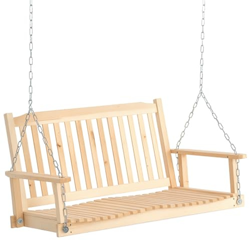 Outsunny Banc balançoire en bois 2 places Banc balançoire suspendu avec accoudoirs Chaînes réglables et design à lamelles Charge 200 kg pour jardin Terrasse Balcon 117x69x60 cm Naturel