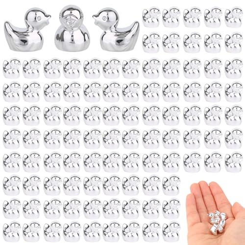 Sinbana 100 Pzs Mini Patos de Resina, Figuras de Pato Diminutas Mini Figuras Animales Resina para Decorar Tartas Jardines y Fiestas (Plateado)
