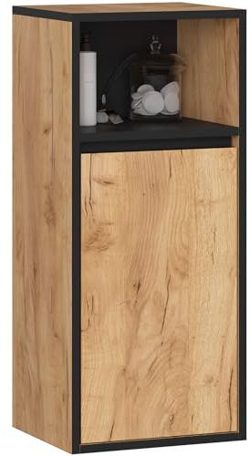 AKORD Armoire Murale Salle de Bain 30cm - Meuble Mural Compact 1 Porte 3 Étagères - 35 x 80 x 30 cm - Petit - Suspendu de Rangement Idéal pour Cosmétiques et Produits - Chêne Craft & Noir